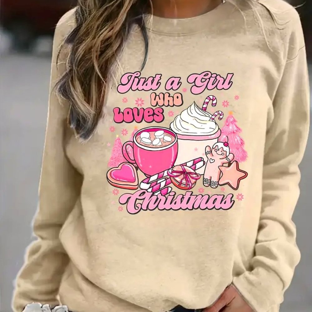 {NEW} Christmas Print Pullover Sweatshirt Beige Small